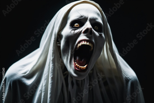 Horror white undead creature screaming on black background