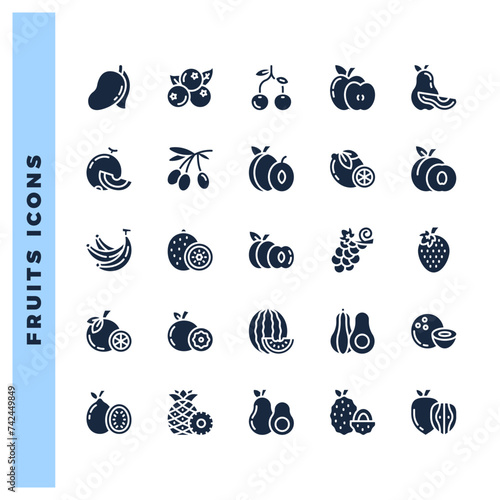 Fototapeta Naklejka Na Ścianę i Meble -  25 Fruits Glyph icons pack. vector illustration.