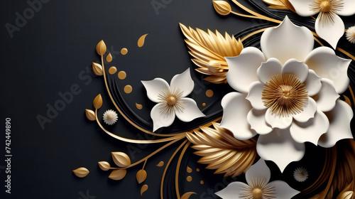  black and white flower background with gold and silver decoration, black and gold and white floral pattern,  enchanting floral shapes and luxurious black silk texture