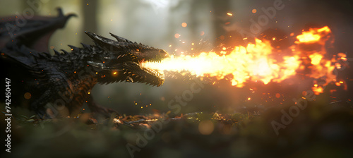 A Dragon spiting the fire, side perspective, normal exposre, empty space for text or logo, blured reallistic background photo
