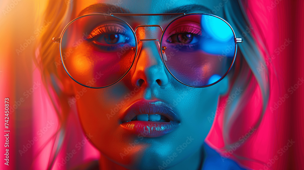 Futuristic Portrait of Woman with Reflective Glasses in Neon Lighting Futuristic Portrait of Woman with Reflective Glasses in Neon Lighting