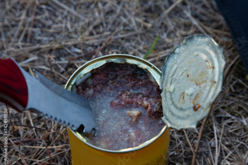 Wallpaper Mural Opened with a knife, a can of canned beef. The main travel food ingredient. Torontodigital.ca
