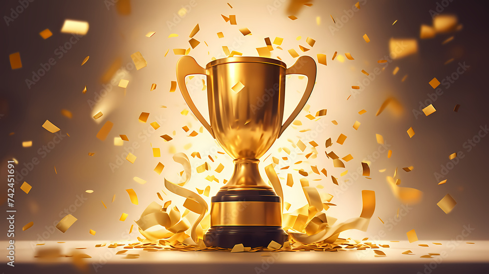 Golden trophy winner cup with blurred background and copy space Golden trophy winner cup with blurred background and copy space