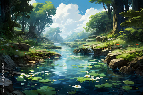 Fantasy Green Forest with Small River. Serene and Lush Forest Scene