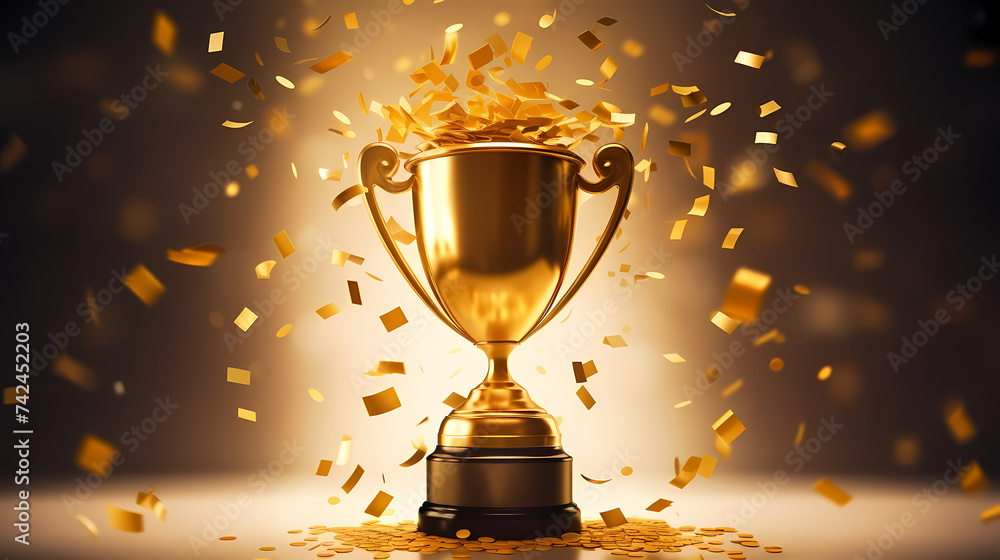 Golden trophy winner cup with blurred background and copy space Golden trophy winner cup with blurred background and copy space
