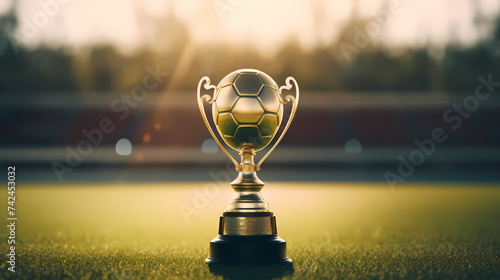 Golden trophy winner cup with blurred background and copy space