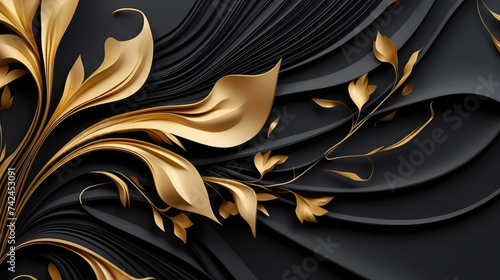 black and gold wavy background with gold abstract motifs, black and gold and white floral pattern, enchanting floral shapes and luxurious black silk texture