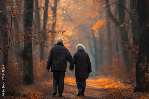 Elderly couple walking hand in hand in a peaceful forest, reflecting companionship and emotional healing.