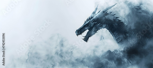 A huge Dragon roaring, side perspective, empty space for text or logo, blured reallistic background photo