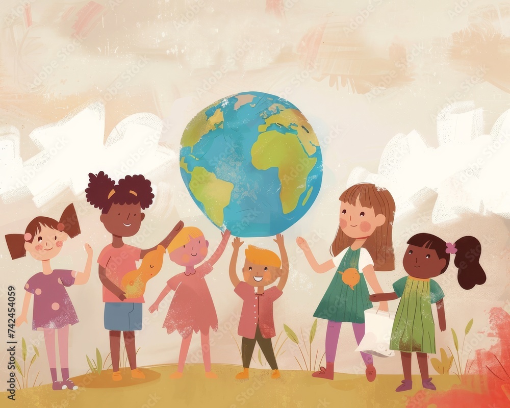 Vibrant illustration of diverse children joyfully holding a globe, surrounded by lush flora, celebrating global unity. Vibrant illustration of diverse children joyfully holding a globe, surrounded by lush flora, celebrating global unity.