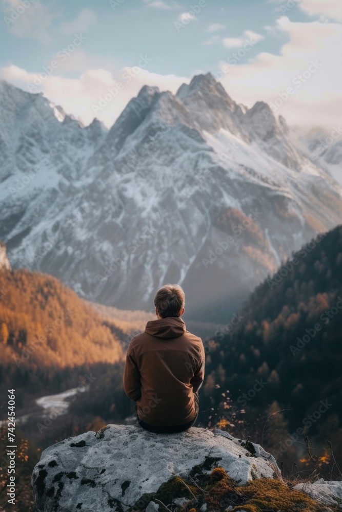 Young adult sitting on a rock, gazing thoughtfully at a mountain range, portraying self-reflection and healing.