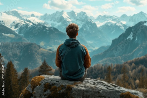 Young adult sitting on a rock  gazing thoughtfully at a mountain range  portraying self-reflection and healing.