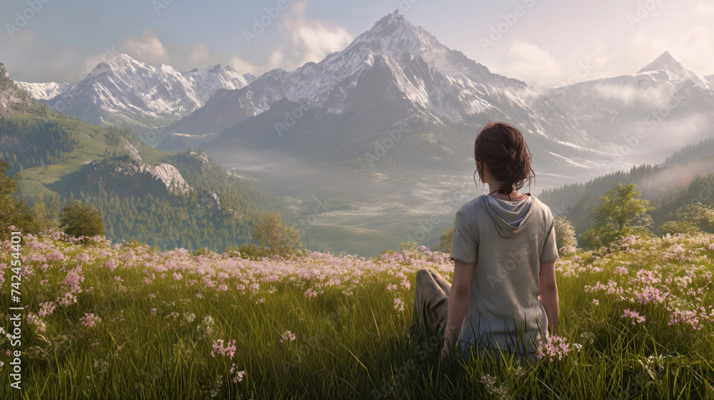 Fototapeta premium A girl sits in nature and watches the mountains 
