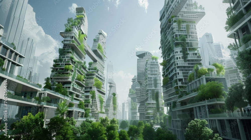 A modern cityscape with lush vertical gardens adorning futuristic skyscrapers, showcasing urban sustainability.