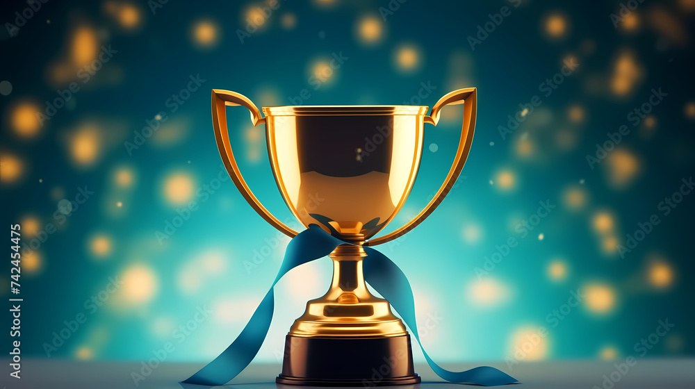 Golden trophy winner cup with blurred background and copy space Golden trophy winner cup with blurred background and copy space