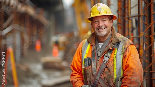 Commercial image featuring a cheerful construction worker in a full length portrait.