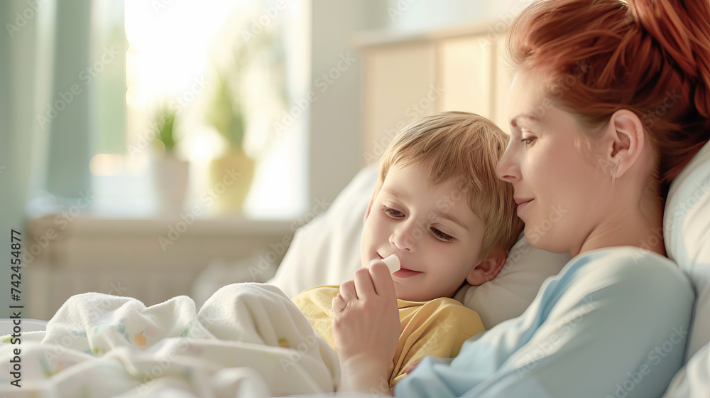 A mother sits at the bedside of a sick child and treats him
A mother sits at the bedside of a sick child and treats him