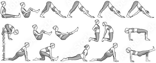 Illustration yoga / Kakasana / Krähe / Ustrasana / Kamel / Adho Mukha Svanasana / herabschauender Hund / Bhujangasana / Kobra / meditation / mobilisation / stretching photo