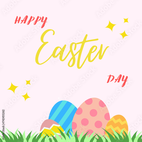 Colorful Happy Easter with eggs,  grass and text. Modern minimal style. Trendy Easter design with typography. For poster, greeting card, header for website. 