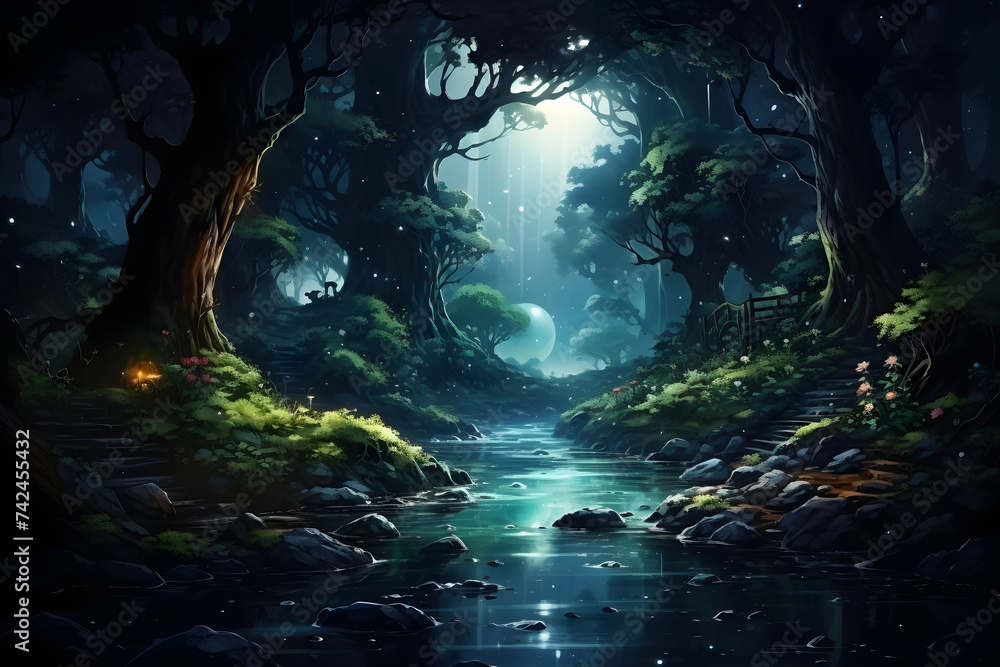 Fantasy Green Forest with Small River. Serene and Lush Forest Scene Fantasy Green Forest with Small River. Serene and Lush Forest Scene