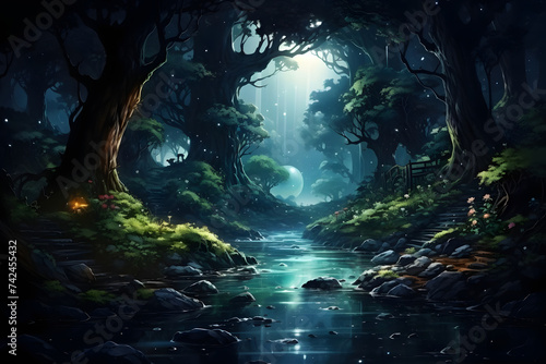 Wallpaper Mural Fantasy Green Forest with Small River. Serene and Lush Forest Scene Torontodigital.ca