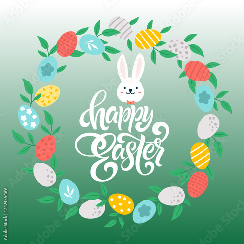 Fototapeta Naklejka Na Ścianę i Meble -  Colorful Happy Easter with eggs,  rabbit, bunny and text. Modern minimal style. Trendy Easter design with typography. For poster, greeting card, header for website. 