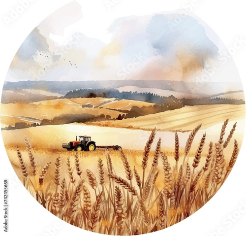 watercolor circle landscape with hills, farm, countryside