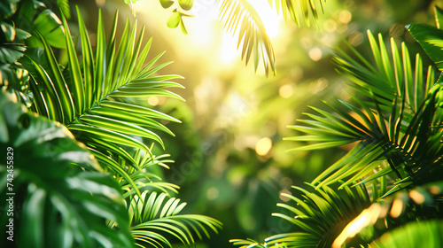Sunlit green palm leaves against a bright blue sky, illustrating the lush and vibrant beauty of a tropical forest in summer