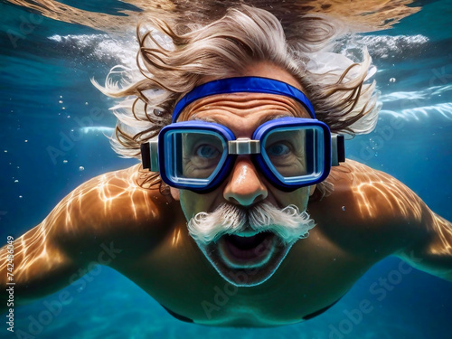 Portrait of a senior man diving in the ocean