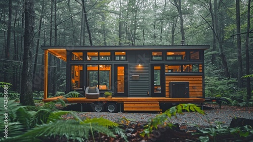 New, contemporary tiny house in the forest, including wooden trim.