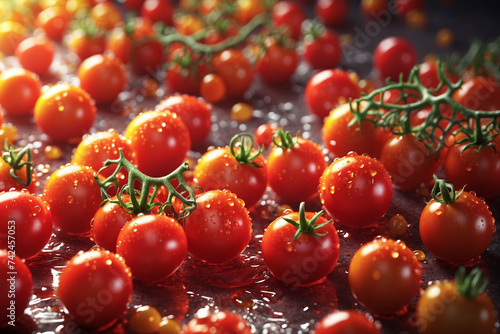 Ripe cherry tomatoes in water drops © Viktoriia Pletska