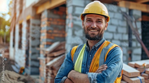 A cheerful bricklayer at a building site is shown in this portrait. Happy bricklayer wearing a helmet and safety vest.