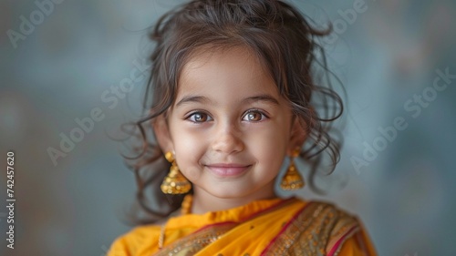 Indian child grinning against a bright backdrop with copy space.