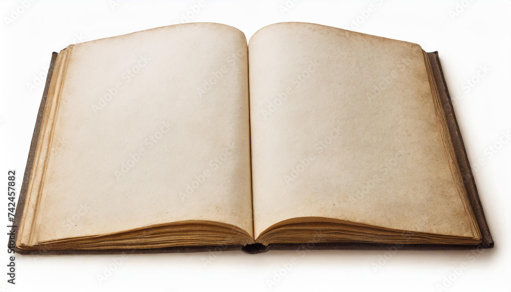 Old blank book open isolated. Used paper texture, cinematic light Old blank book open isolated. Used paper texture, cinematic light