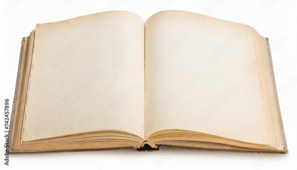Old blank book open isolated. Used paper texture, cinematic light Old blank book open isolated. Used paper texture, cinematic light