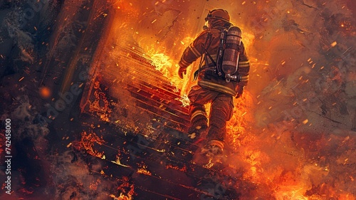 A courageous and resilient firefighter ascending the stairs of a burning building. Open flames burn on the stairs. photo