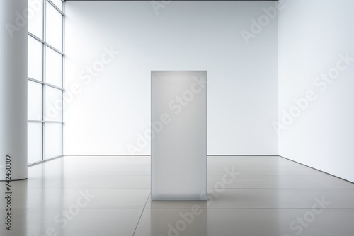 White rectangle product podium on grey glass floor in empty room center