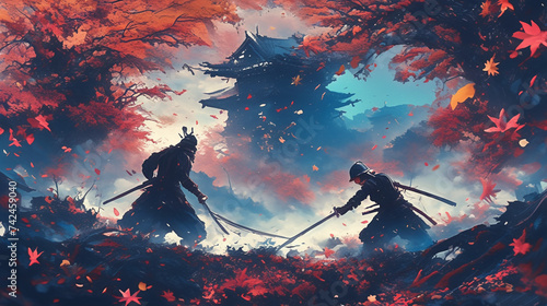 Illustration of samurai sword fighting anime style photo