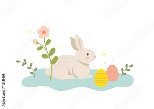 Cute Easter bunny and Easter eggs on white background. Easter holiday illustration.