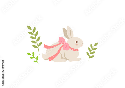 Cute Easter bunny sitting with a pink ribbon on a white background. Easter holiday illustration.