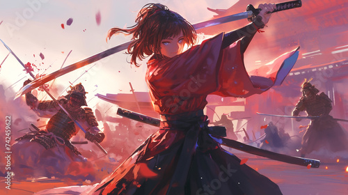 Illustration of samurai sword fighting anime style