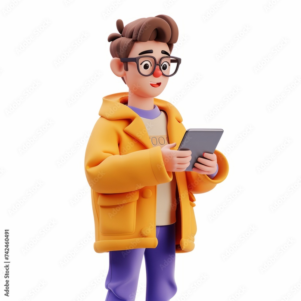 3D Render of clay animation character editing photos on a tablet, on isolated white background, Generative AI 3D Render of clay animation character editing photos on a tablet, on isolated white background, Generative AI