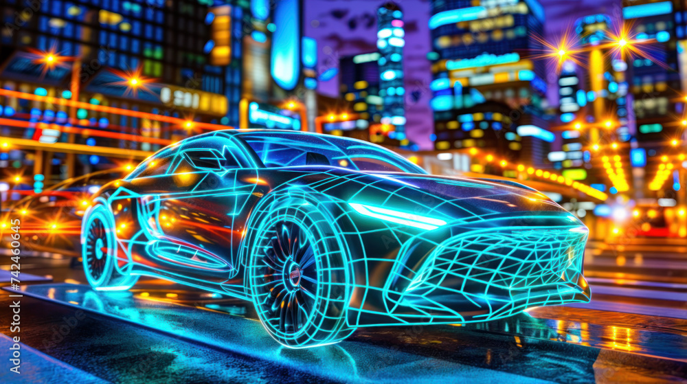 Futuristic self driving car in a city at night. innovative technology and autonomous design for modern transportation, illuminating the landscape with electric power and intelligent safety features