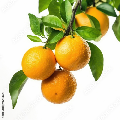 Orange fruits hanging on a branch of orange tree isolated on white background	
