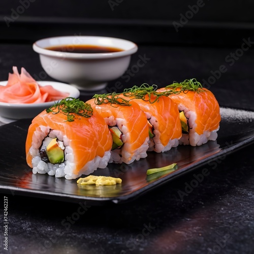 Japanese sushi on a plate black background