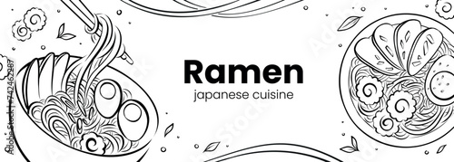 Web banner with line illustrations of Asian Ramen bowls. Vector sketch drawing of Japanese cuisine isolated on white background. Stylized art for menu, advertising, social media, or print.