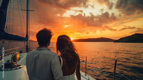 A couple embraces while enjoying a romantic sunset sailboat ride, with the warm glow of the sun on the horizon.