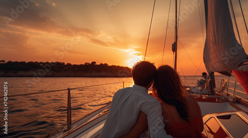 A couple embraces while enjoying a romantic sunset sailboat ride, with the warm glow of the sun on the horizon.