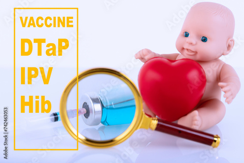 Vaccines DTaP, IPV, HIB. Medical concept of vaccination of a newborn in the first three months of life. photo