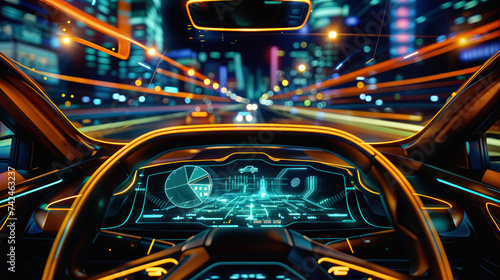 Interior of self driving car with digital dashboard. Navigating the nighttime landscape with speed and precision, embracing modern automotive technology for a seamless journey through the cityscape photo